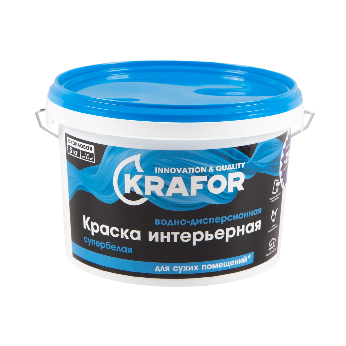 Краска водно-дисперсионная интерьерная Krafor, матовая, 3 кг, супербелая