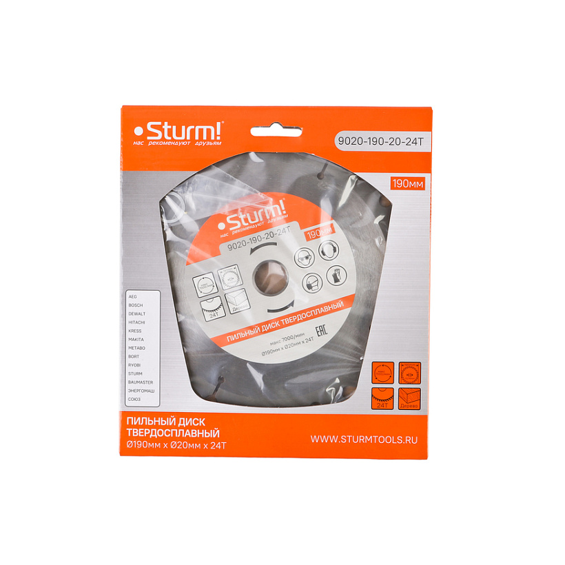 Пильный диск, размер 190x20/16x24 зуба, твердосплавные напайки Sturm!