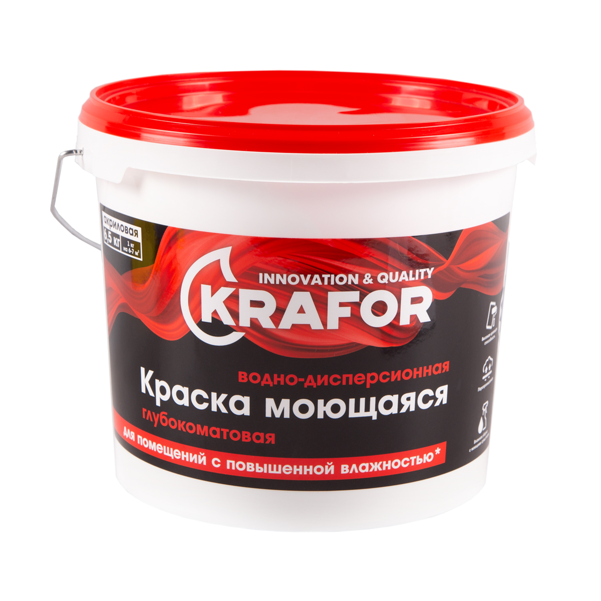 Краска водно-дисперсионная интерьерная моющаяся Krafor, глубокоматовая, 6,5 кг, белая