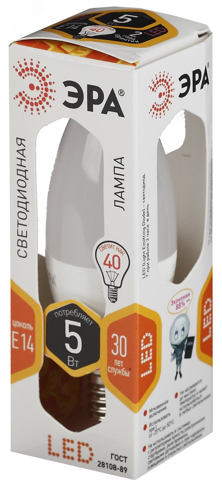 Лампа светодиодная LED B35-5W-827-E14 (диод, свеча, 5Вт, тепл, E14 (10/100/3500)