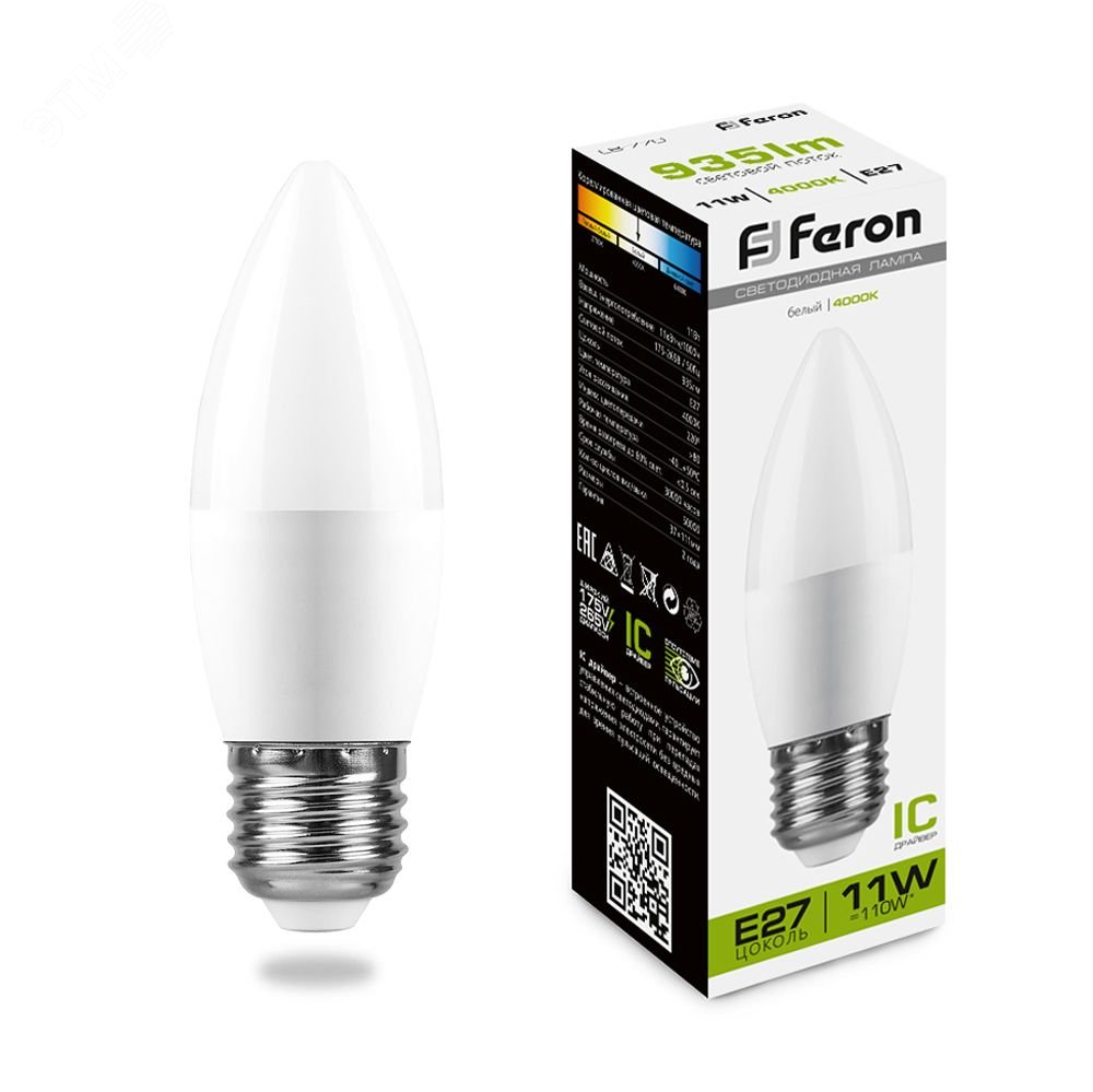 Лампа светодиодная LED 11вт Е27 белый  свеча Feron LB-770 25944