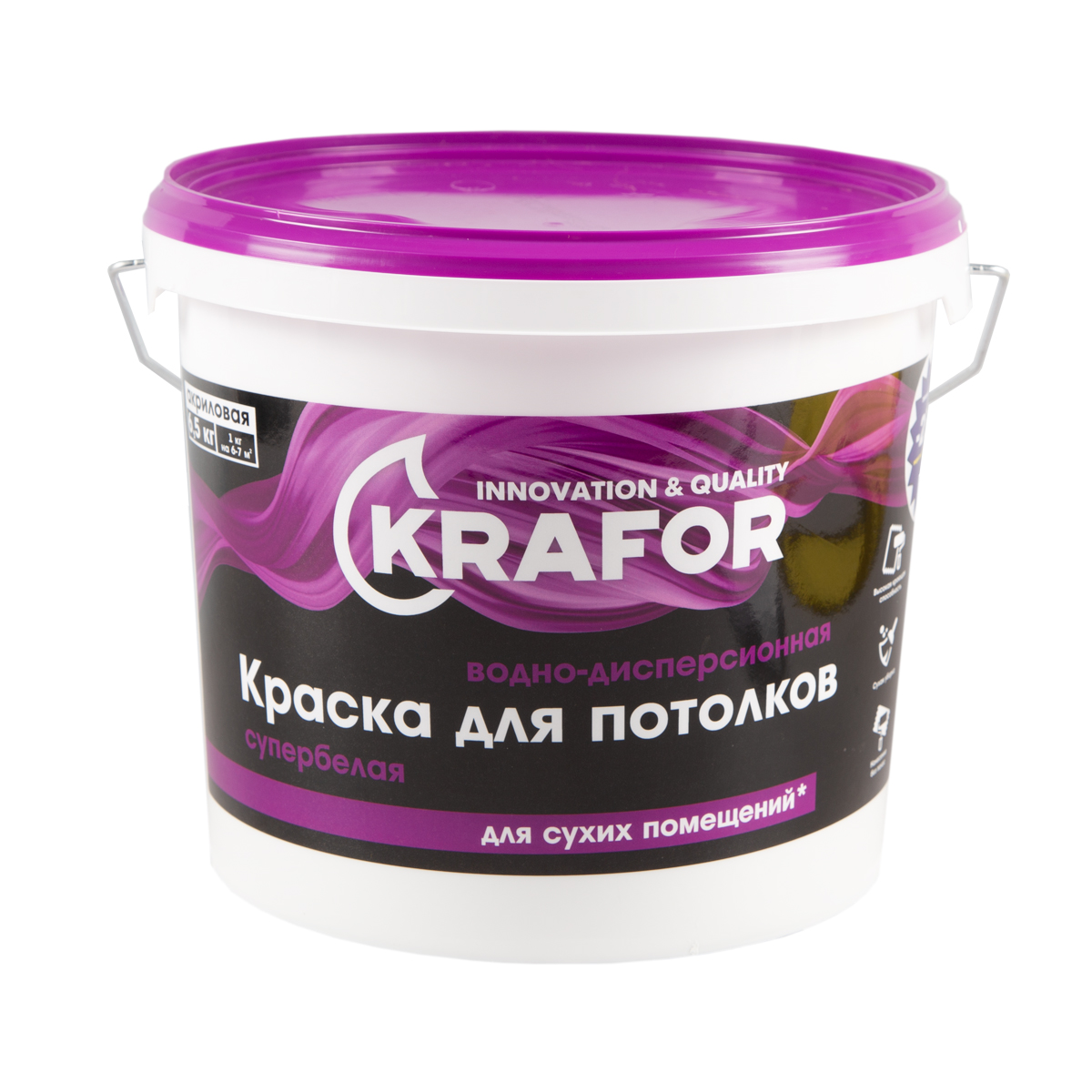 Краска водно-дисперсионная для потолков Krafor, матовая, 6,5 кг, супербелая