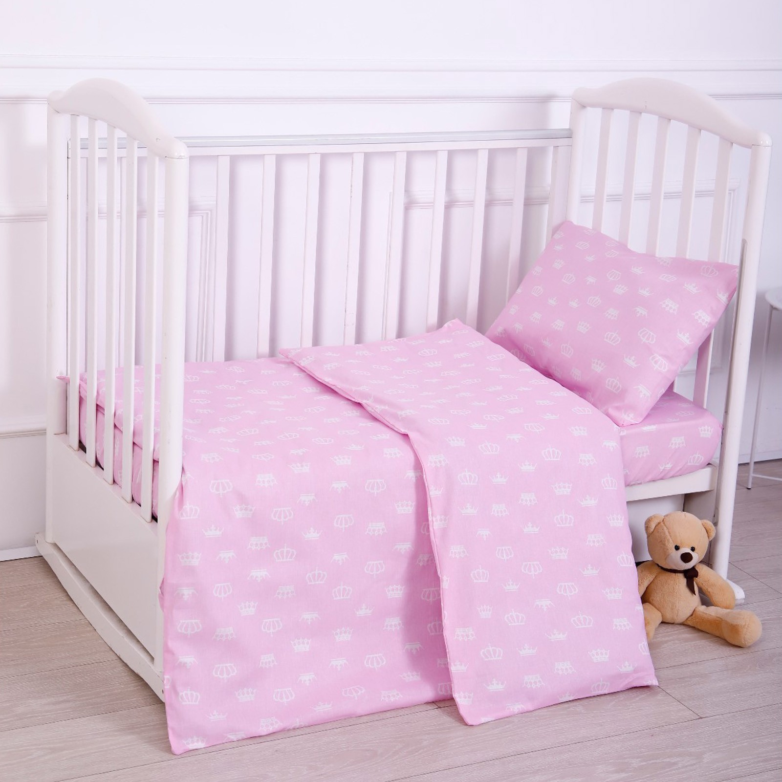 КПБ BABY Короны розовый 112х147 см,60х120 см на резинке, 40х60 см,бязь 125 гр/м,хл100