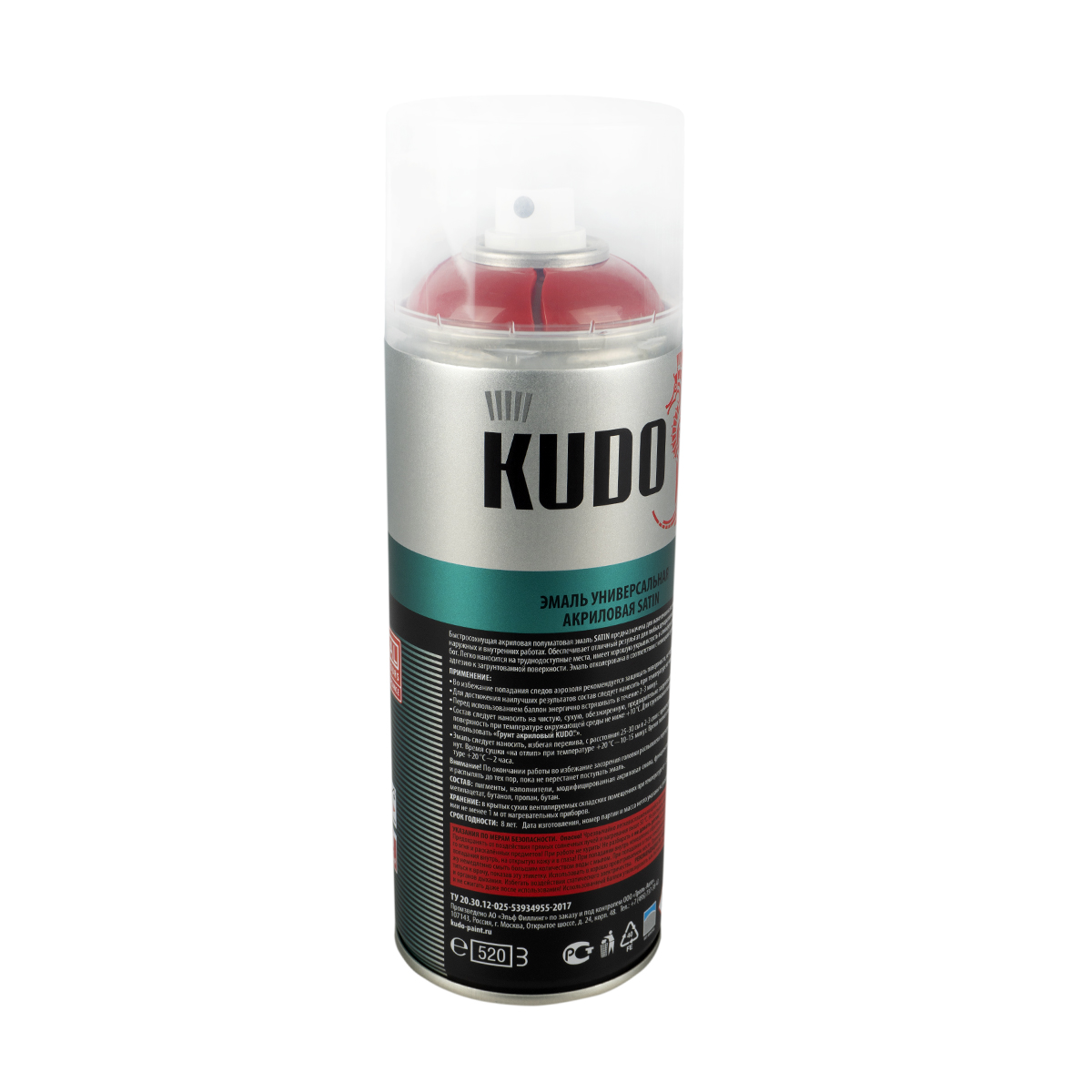 Аэрозольная акриловая краска Kudo Satin KU-0A3000, 520 мл, RAL 3000, огненно-красная