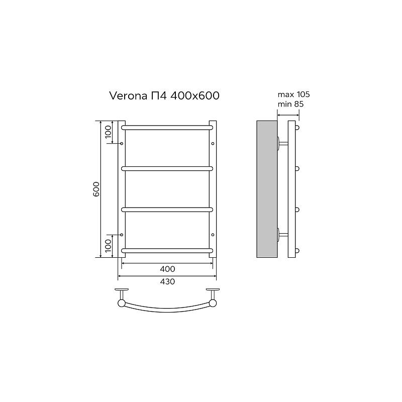 Полотенцесушитель VERONA 400/600  водяной 4 пер. (1"-1/2" Полированный) AZARIO