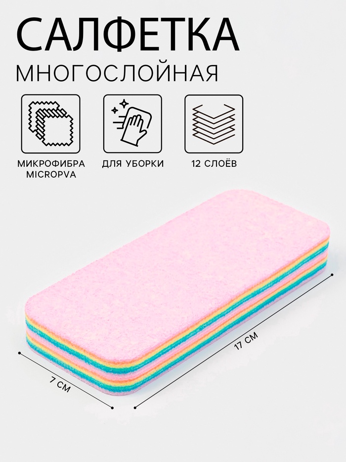 Многослойная салфетка для уборки из микрофибры MicroPVA, 17х7 см, 12 слоев 