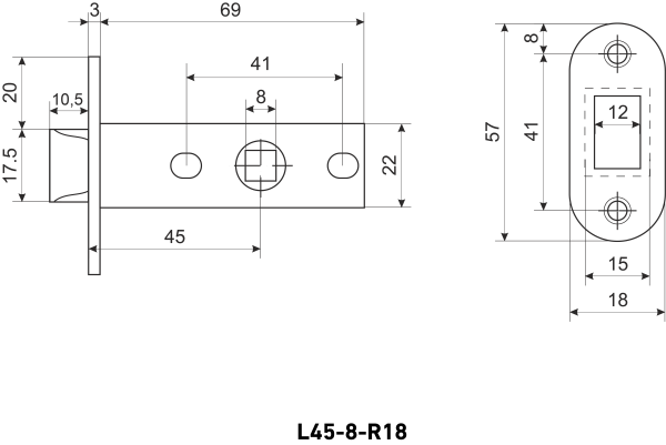 Защёлка врезная АЛЛЮР АРТ L45-8-R18 CP хром, овальная торцевая планка, толщина 18 мм, без ручек.