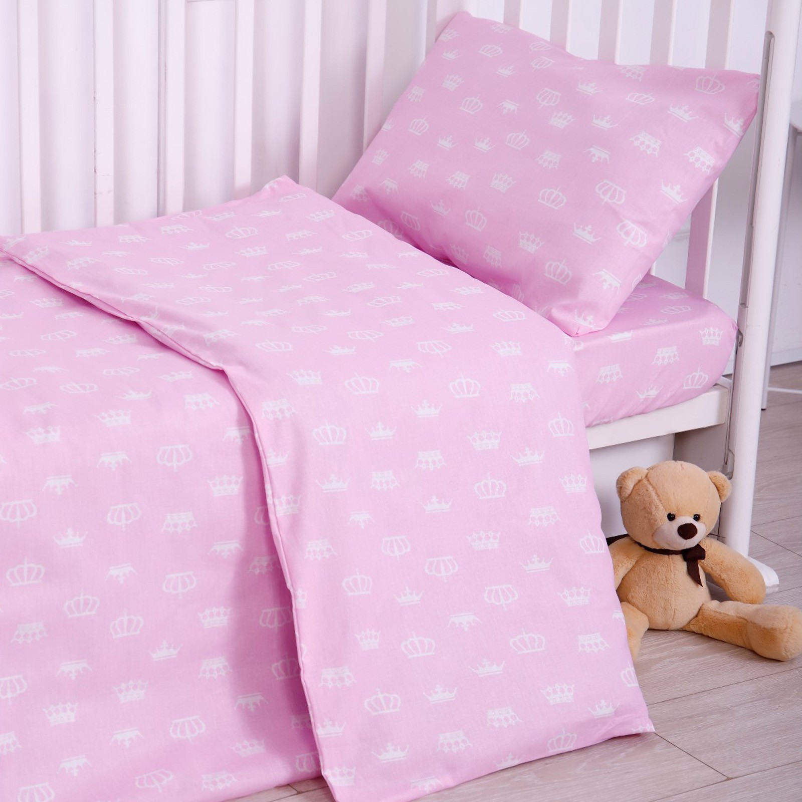 КПБ BABY Короны розовый 112х147 см,60х120 см на резинке, 40х60 см,бязь 125 гр/м,хл100