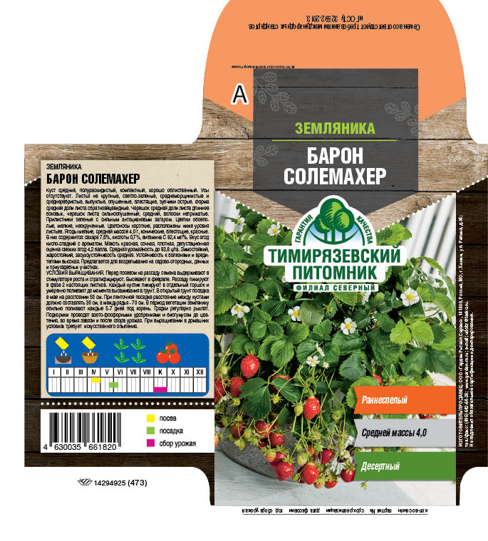 Семена Земляника Барон Солемахер Тимирязевский питомник, 0,04 г