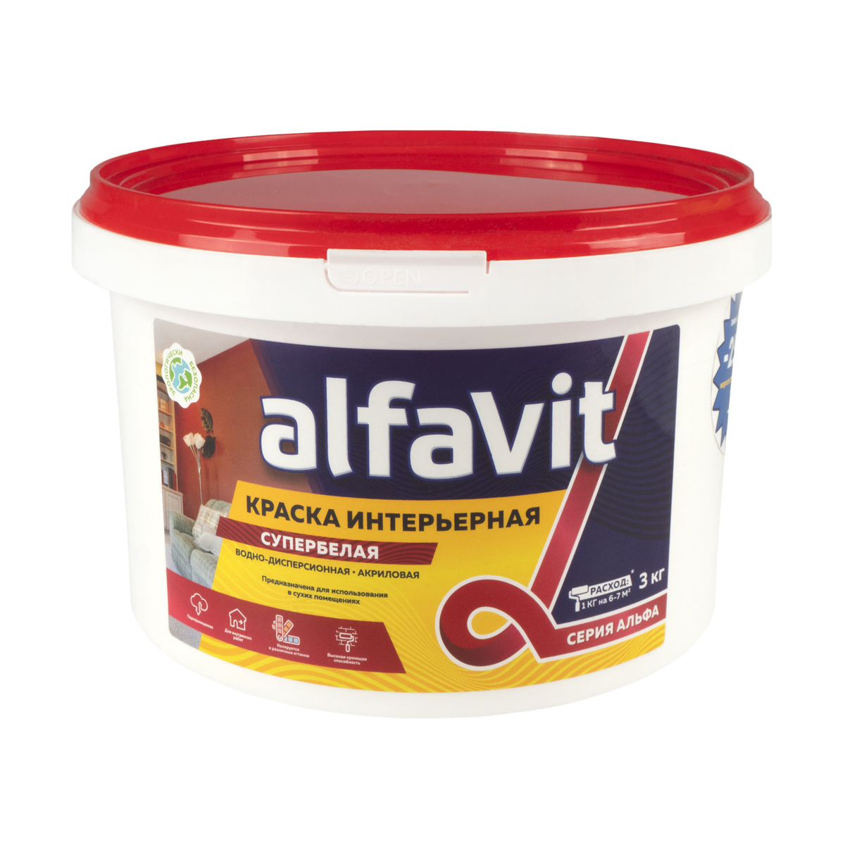 Краска интерьерная водно-дисперсионная Alfavit серия Альфа, супербелая, 3 кг